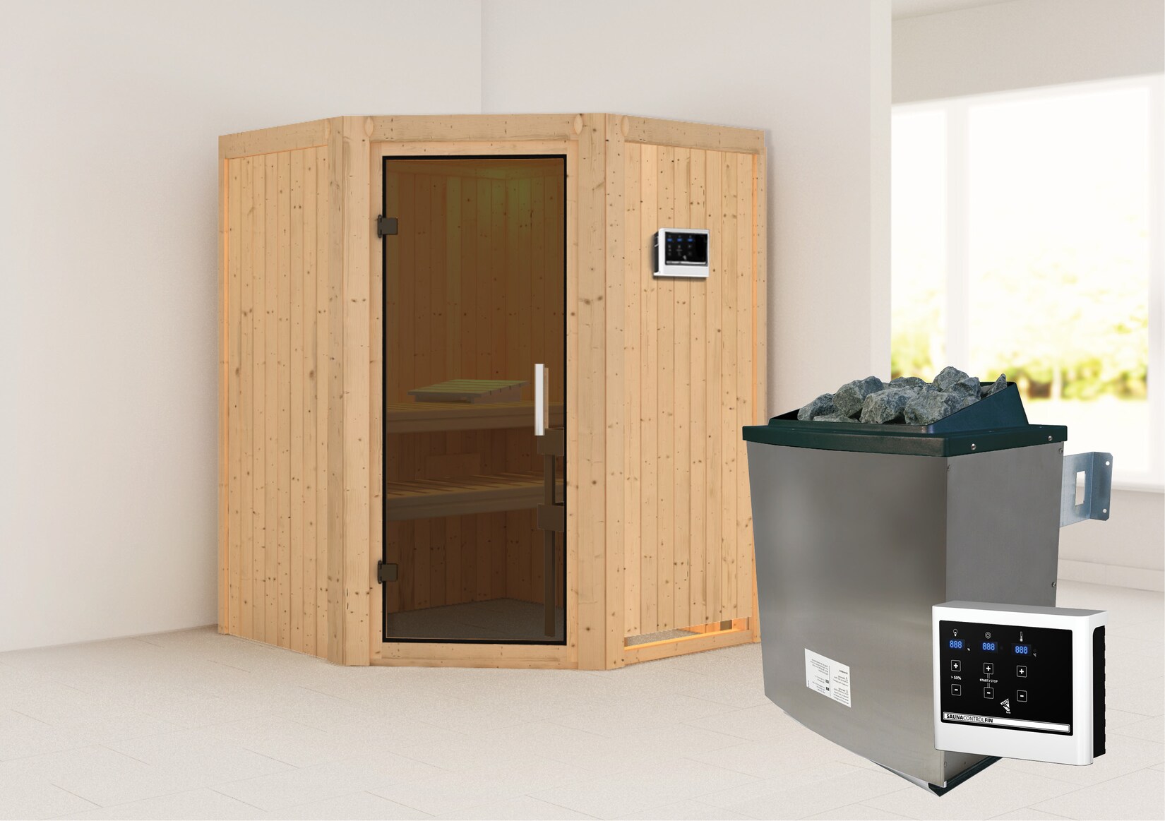 Karibu Sauna "Angel" SET naturbelassen mit 9kW Ofen