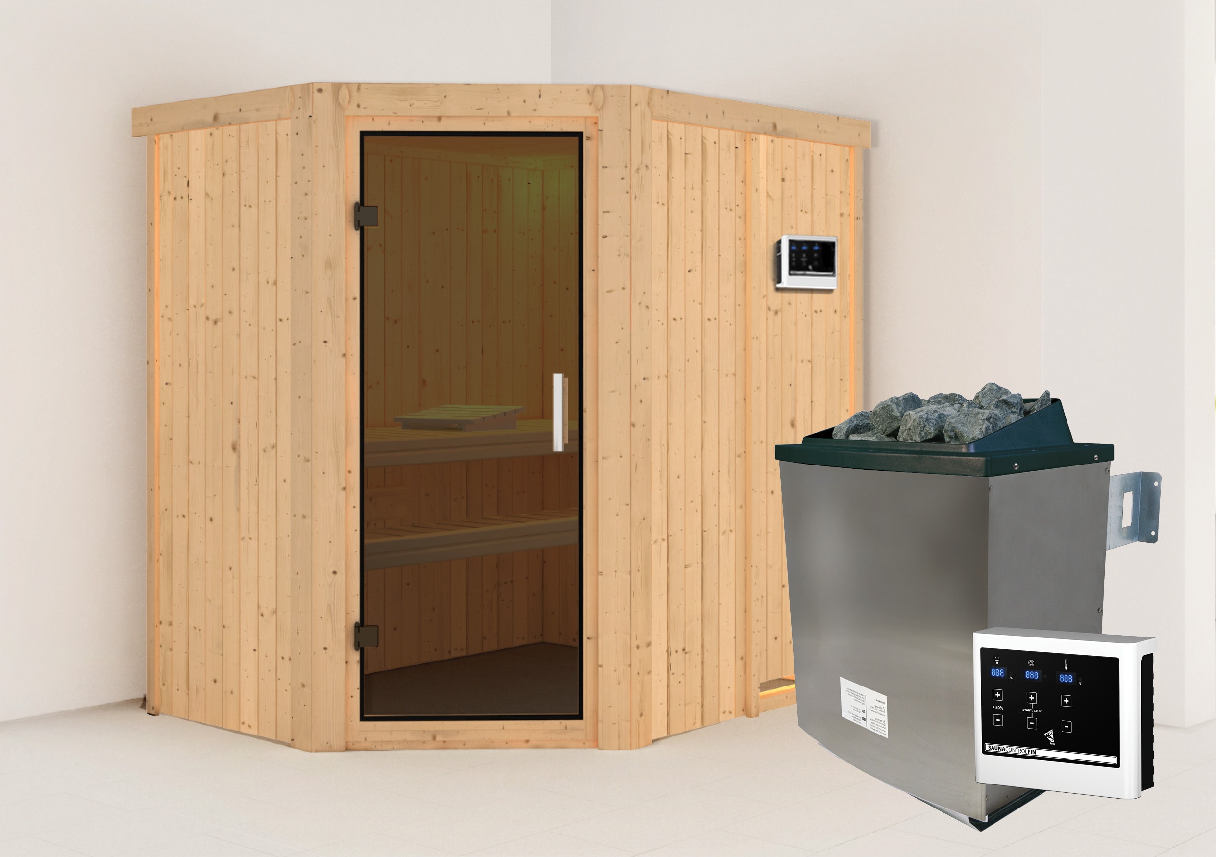 Karibu Sauna "Havasu" SET naturbelassen mit 9kW Ofen - Bild 1