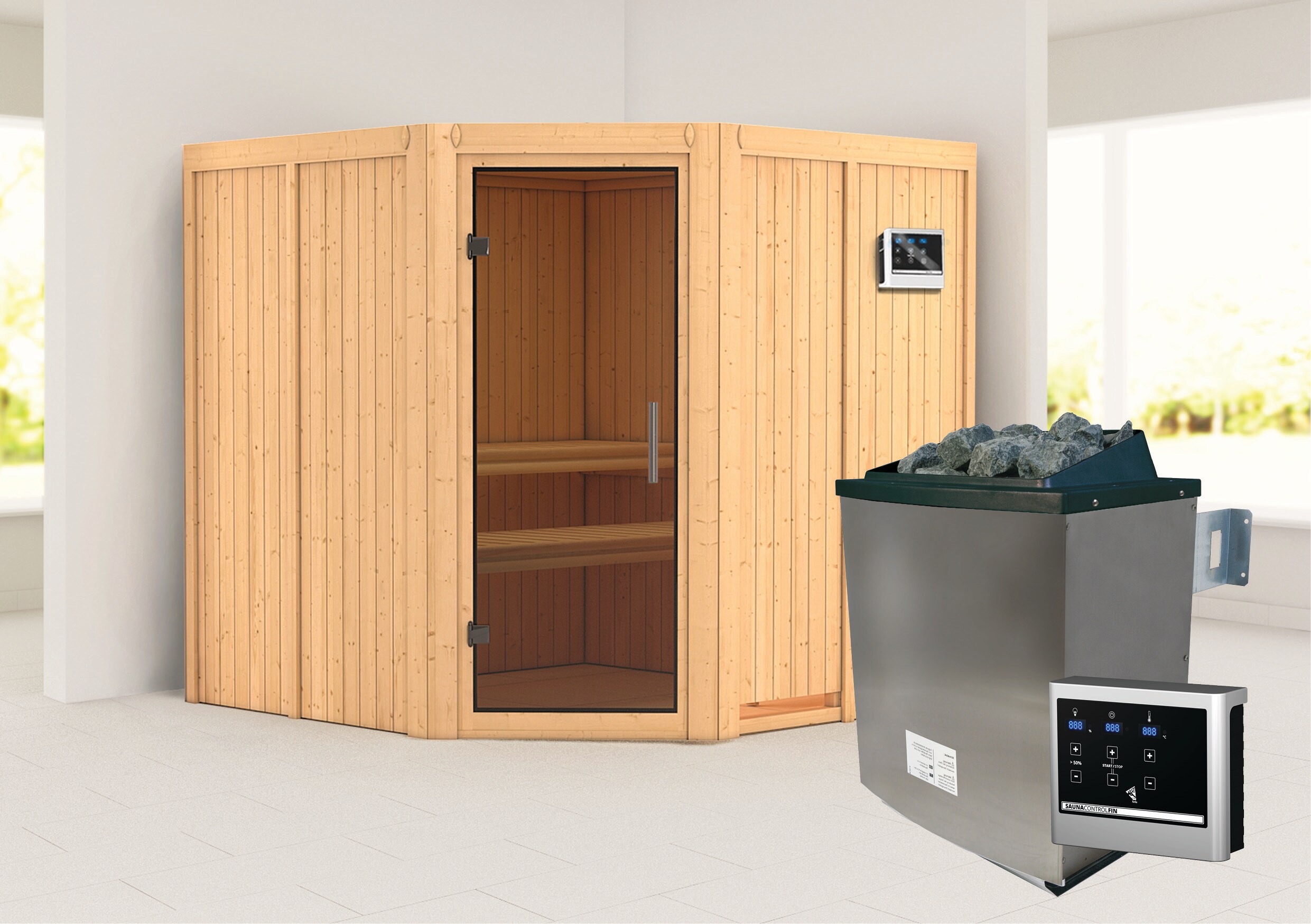 Karibu Sauna "San Rafael" SET naturbelassen mit 9kW Ofen - Bild 1