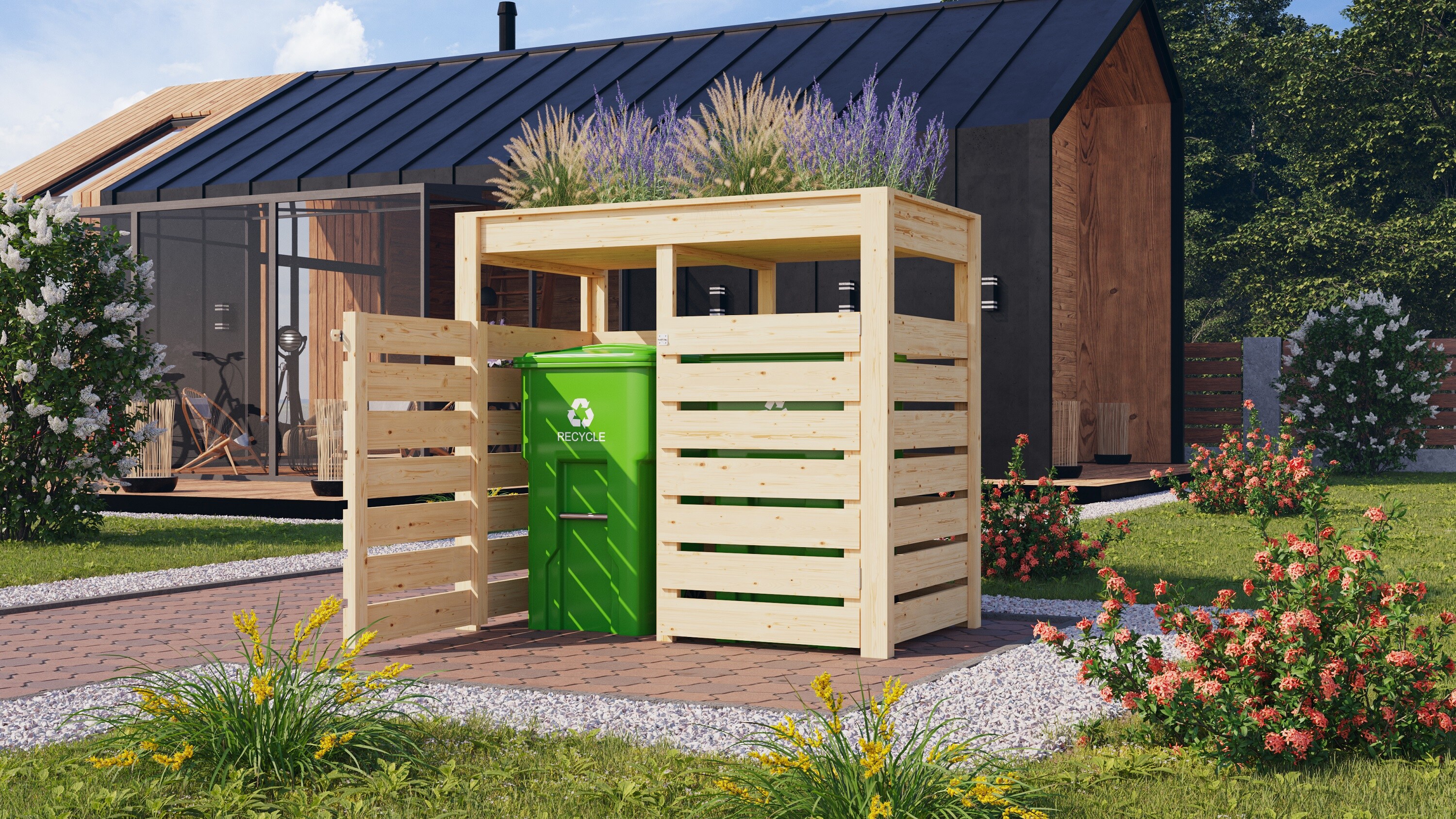 Karibu M&uuml;lltonnenbox mit Hochbeet Natur Pflanzkasten aus Holz BxHxT ca.158x143x88 cm Blumenkasten Schutzkasten - Bild 1