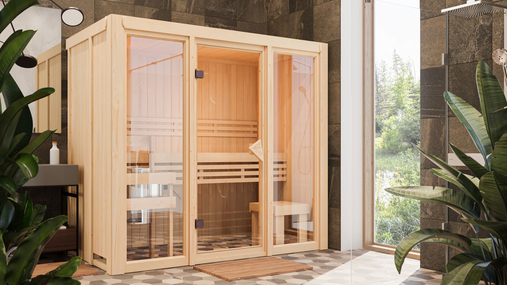 Karibu Sauna "View 2" SET naturbelassen 3,6kW Ofen finnisch