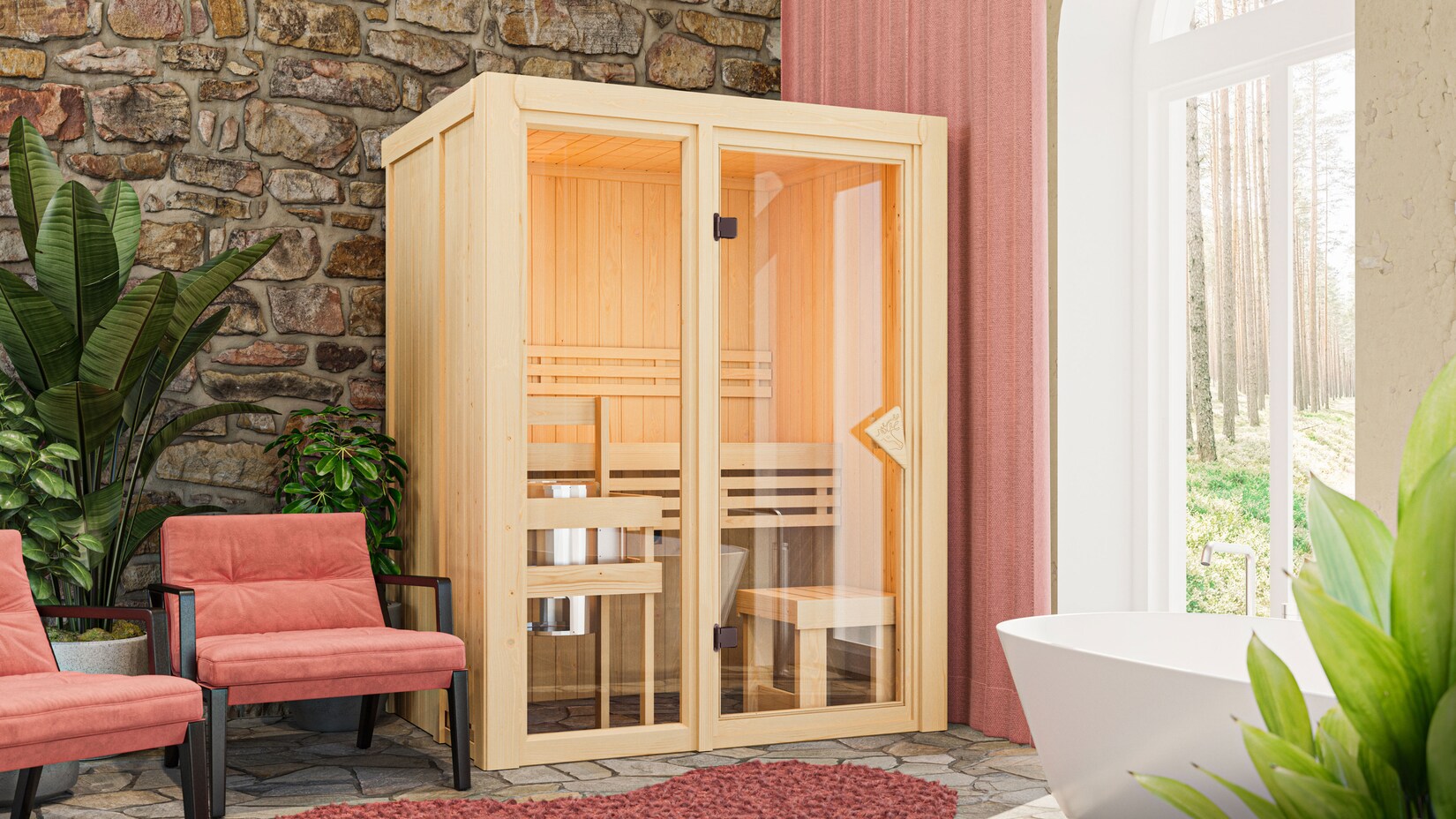 Karibu Sauna "View 1" SET naturbelassen 3,6kW Ofen Bio