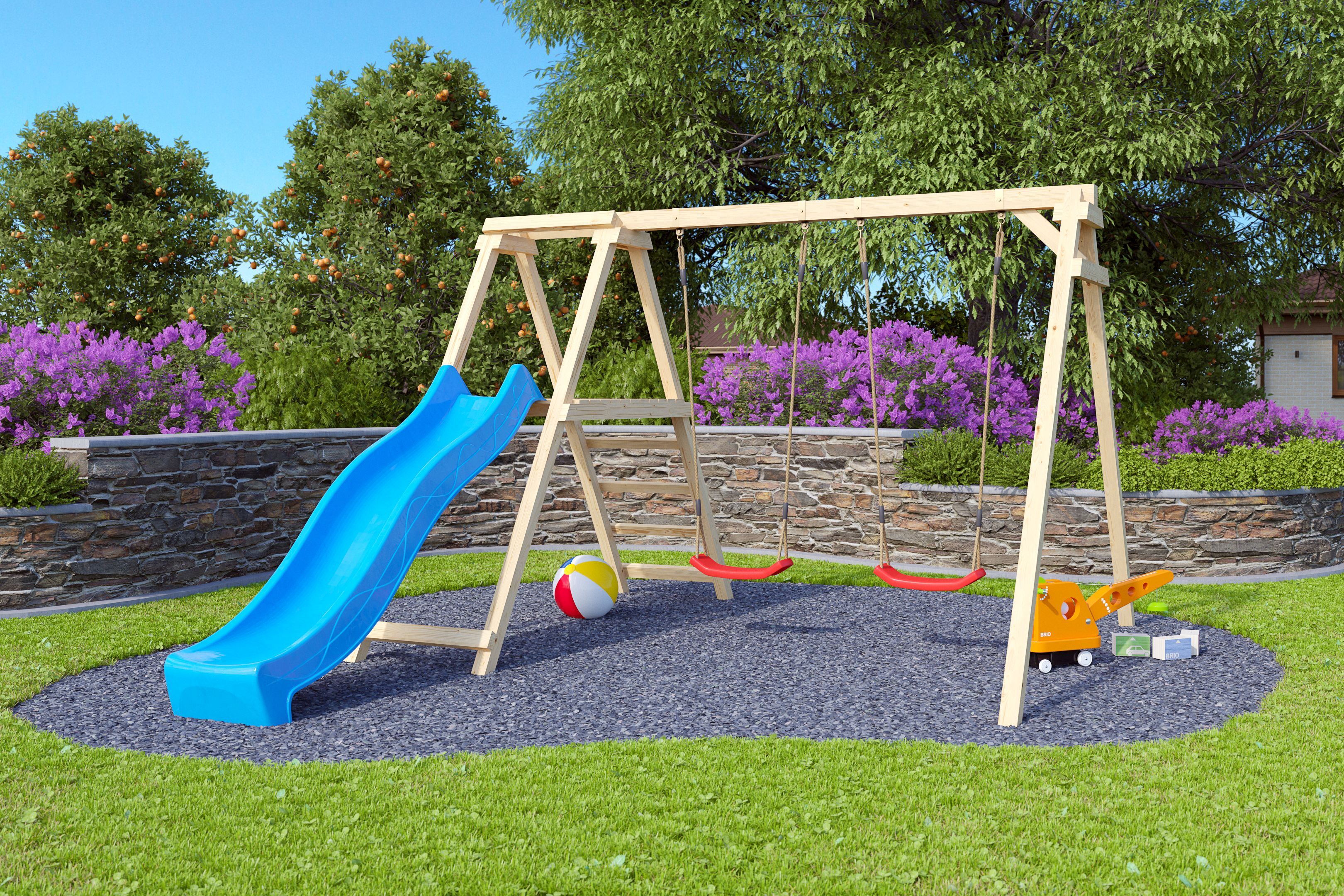 Karibu Doppelschaukel Felix mit Kletterger&uuml;st und Rutsche blau - Bild 1