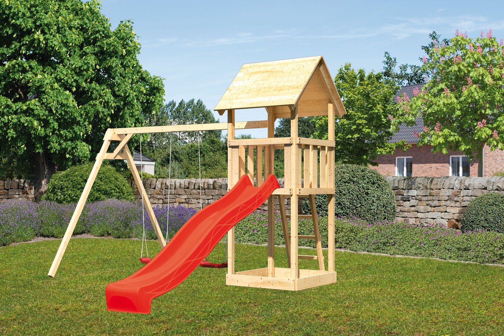 Karibu Spielturm Lotti Satteldach mit Rutsche rot und Doppelschaukel | 04010090893464