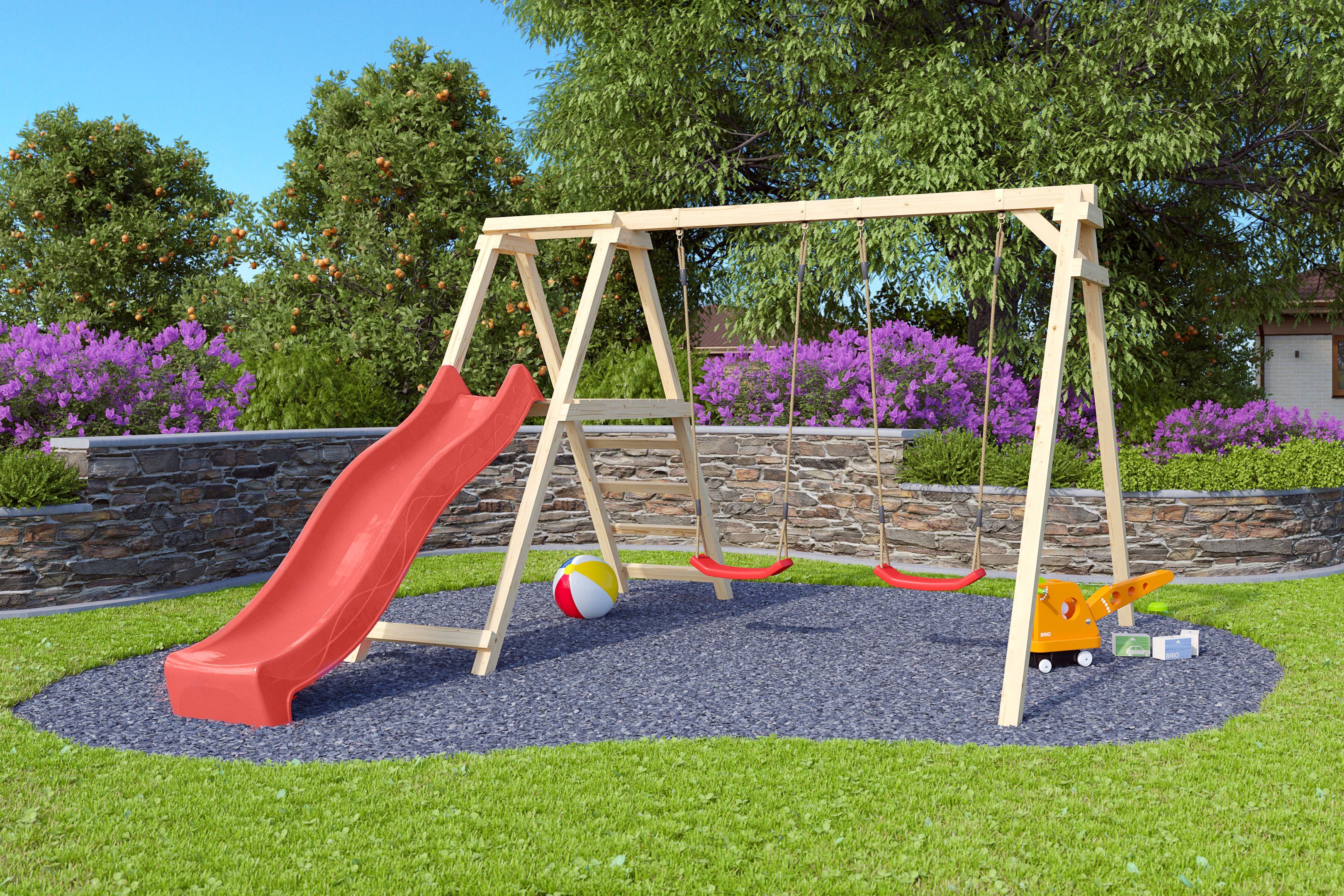 Karibu Doppelschaukel Felix mit Kletterger&uuml;st und Rutsche rot - Bild 1