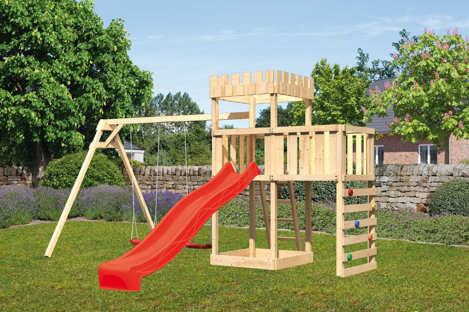 Karibu Ritterburg L&ouml;wenherz mit Rutsche rot und Doppelschaukel Kletterger&uuml;st, Anbauplattform, Kletterwand - Bild 1