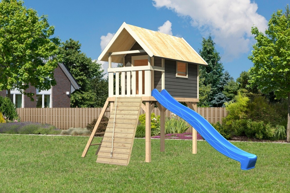 Karibu Stelzenhaus Gernegro&szlig; mit Rutsche blau und Holzrampe - Bild 1