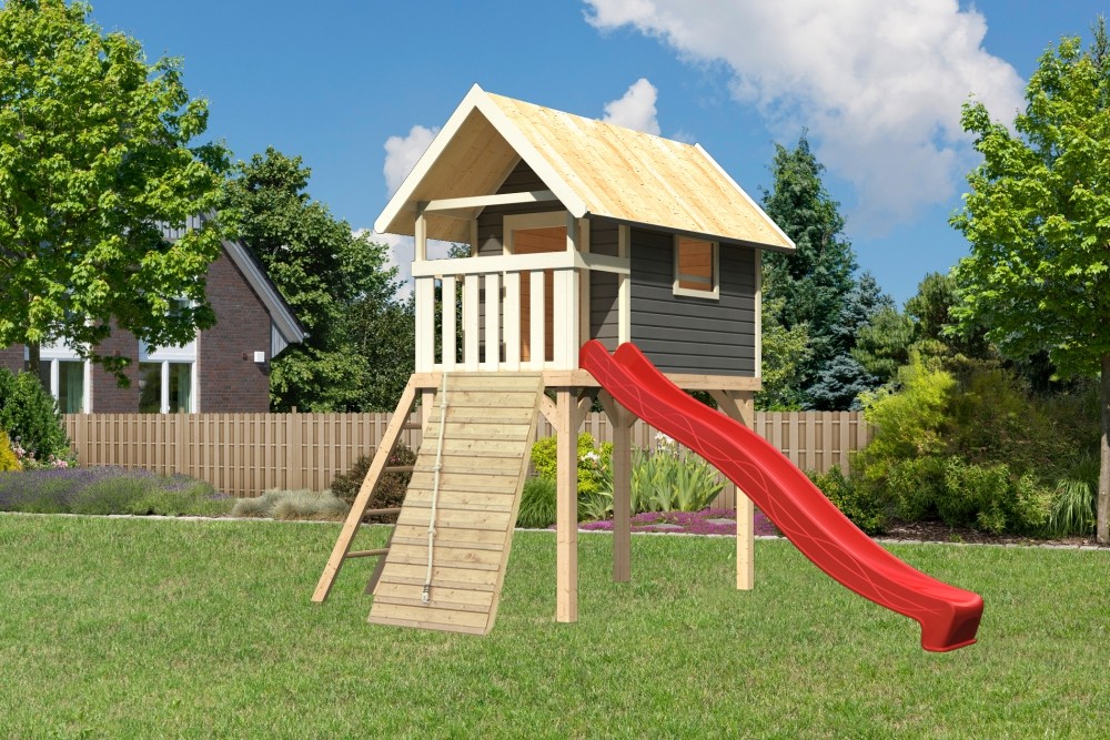 Karibu Stelzenhaus Gernegro&szlig; mit Rutsche rot und Holzrampe - Bild 1