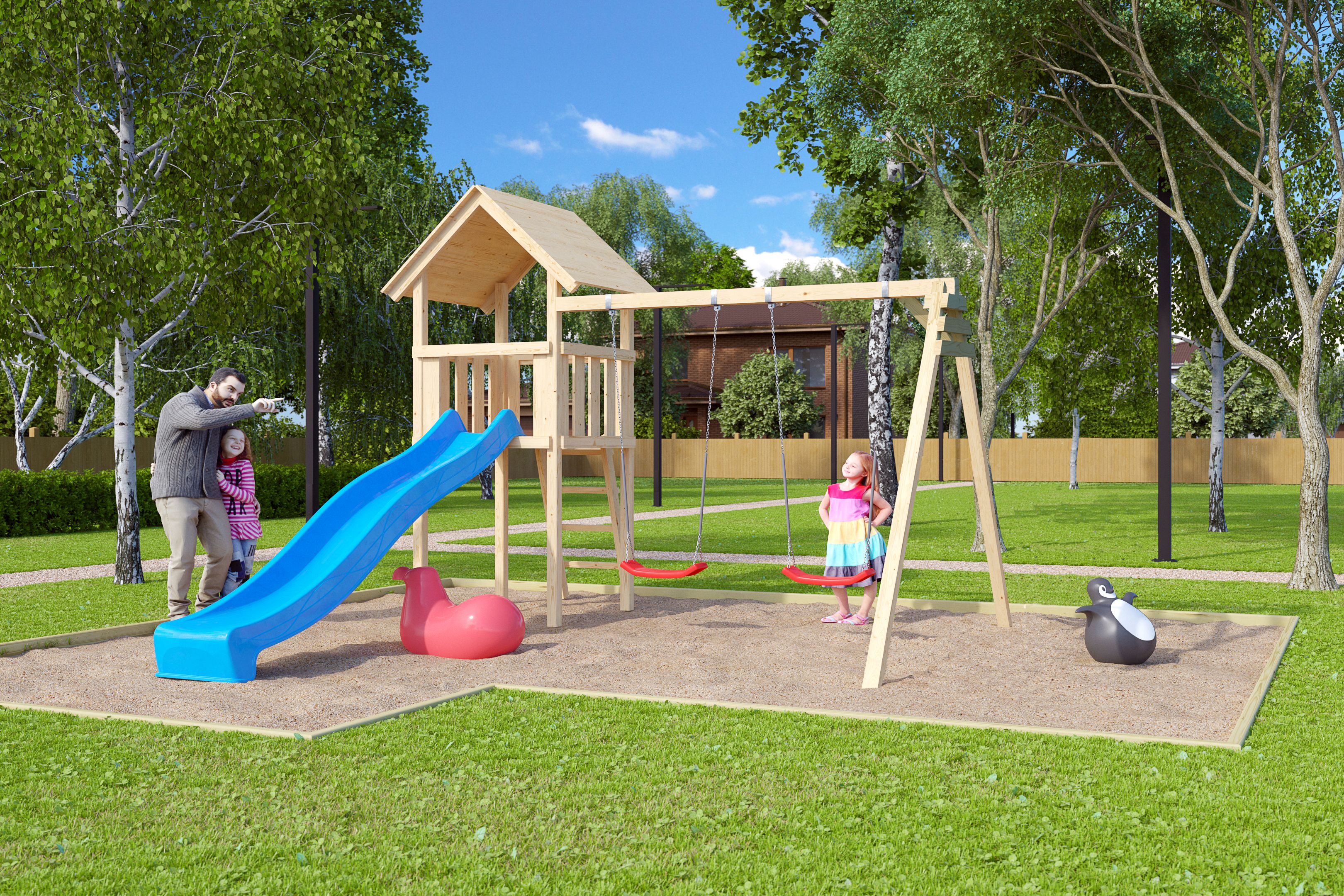 Karibu Spielturm Lotti Satteldach  mit Rutsche blau und Doppelschaukel - Bild 1