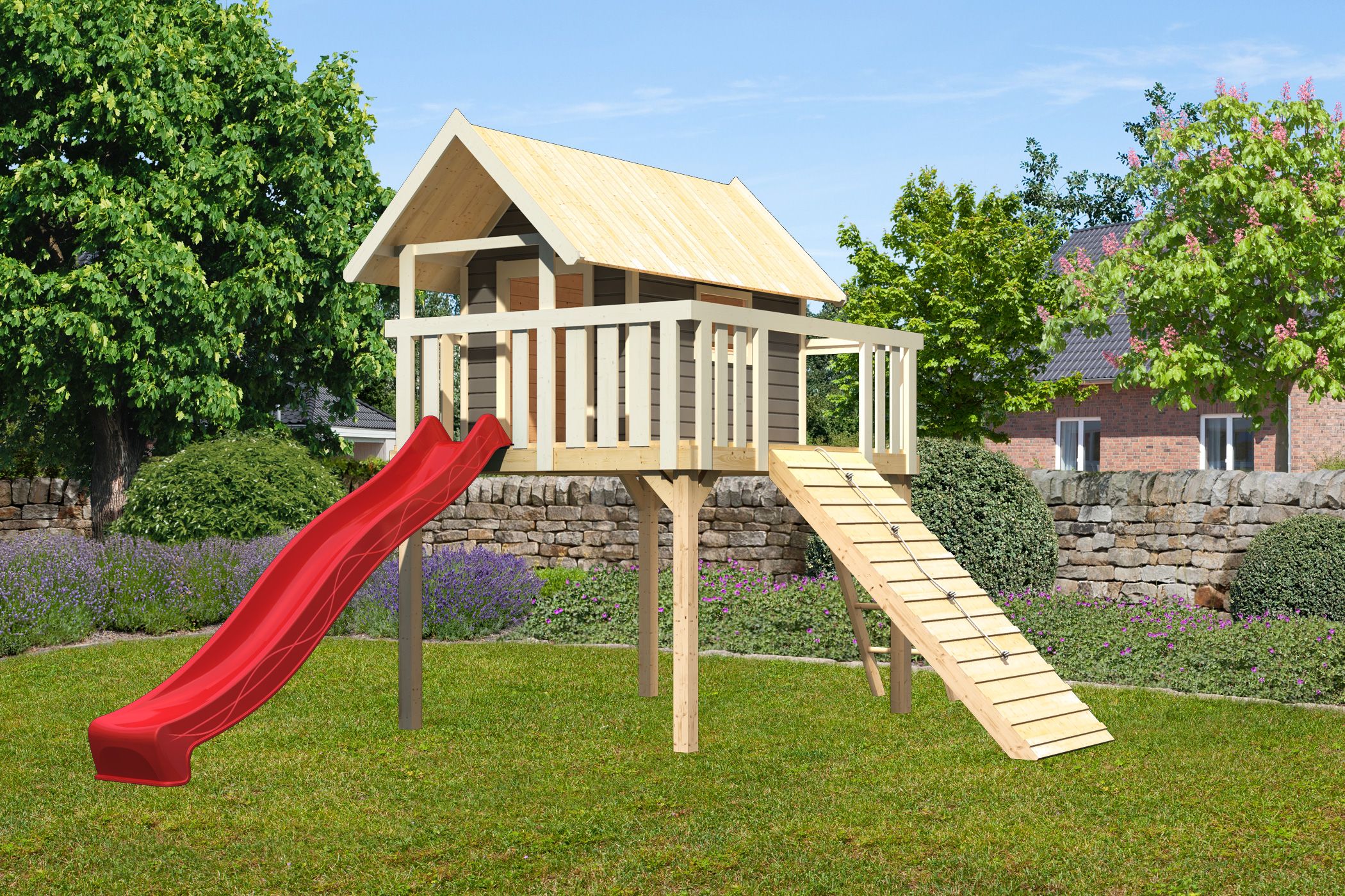 Karibu Stelzenhaus Fidel mit Rutsche rote und Holzrampe - Bild 1