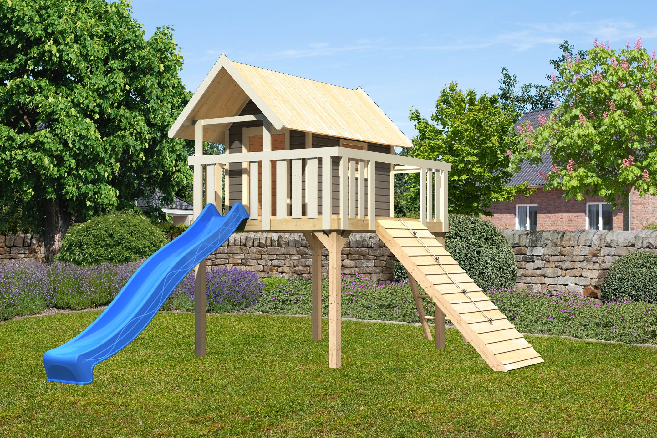 Karibu Stelzenhaus Fidel mit Rutsche blau und Holzrampe - Bild 1