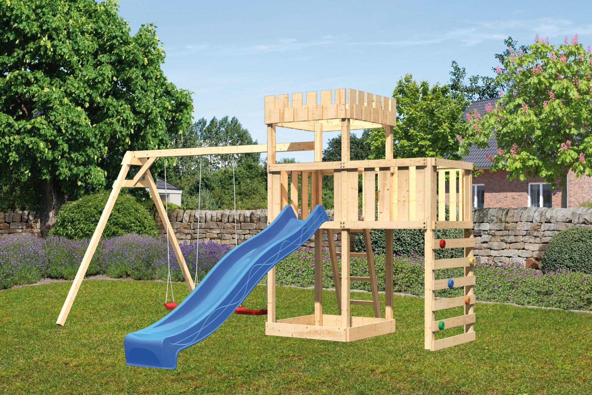 Karibu Ritterburg L&ouml;wenherz  mit Rutsche blau und Doppelschaukel Kletterger&uuml;st, Anbauplattform, Kletterwand - Bild 1