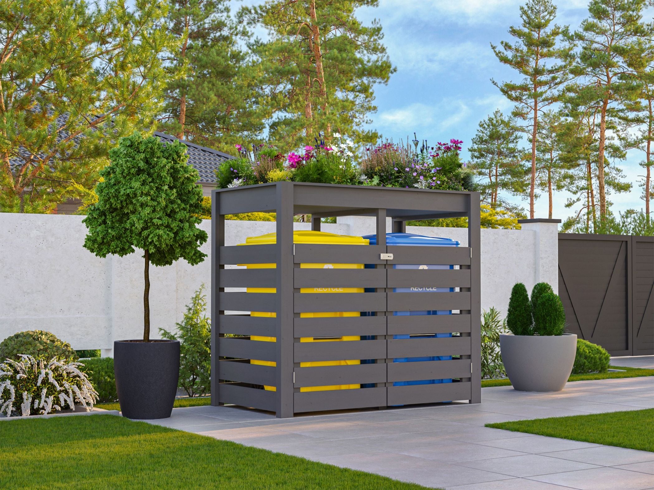 Karibu M&uuml;lltonnenbox mit Hochbeet terragrau Pflanzkasten aus Holz BxHxT ca.158x143x88 cm Blumenkasten Schutzkasten - Bild 1