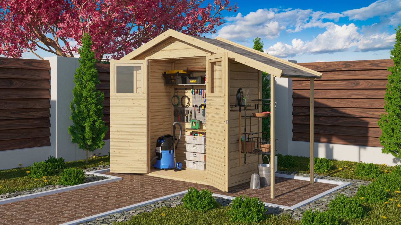 Karibu Housten inkl. Anbaudach Gartenhaus 14 mm Wandstärke Geräteschuppen Gartenschuppen | 04010090935058