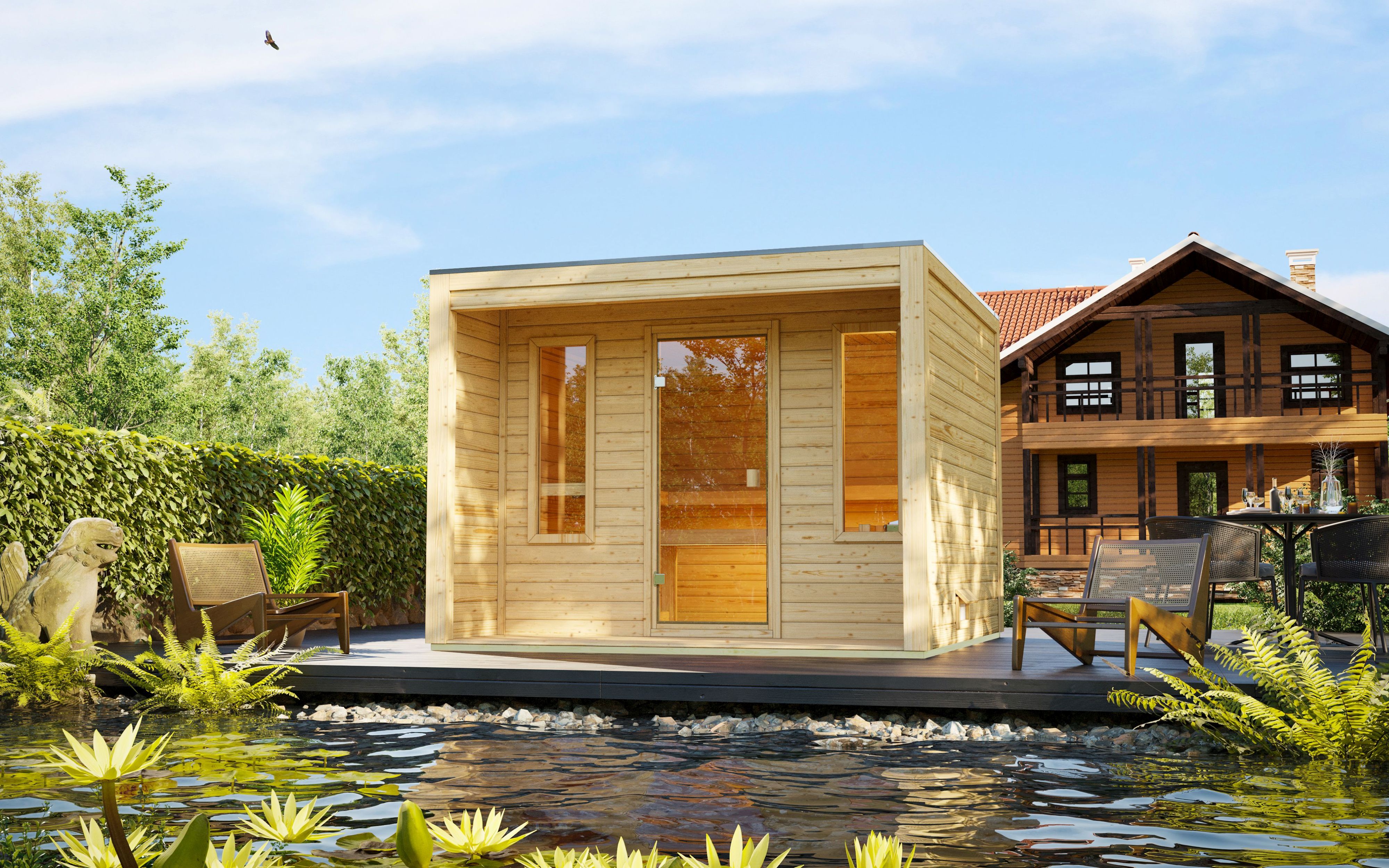 Karibu Saunahaus Aino im Set mit 9kW Bio-Kombiofen inkl. Steuerung  Au&szlig;ensauna mit 3 Liegen 38 mm Wandst&auml;rke Fichtenholz Glast&uuml;r - Bild 1