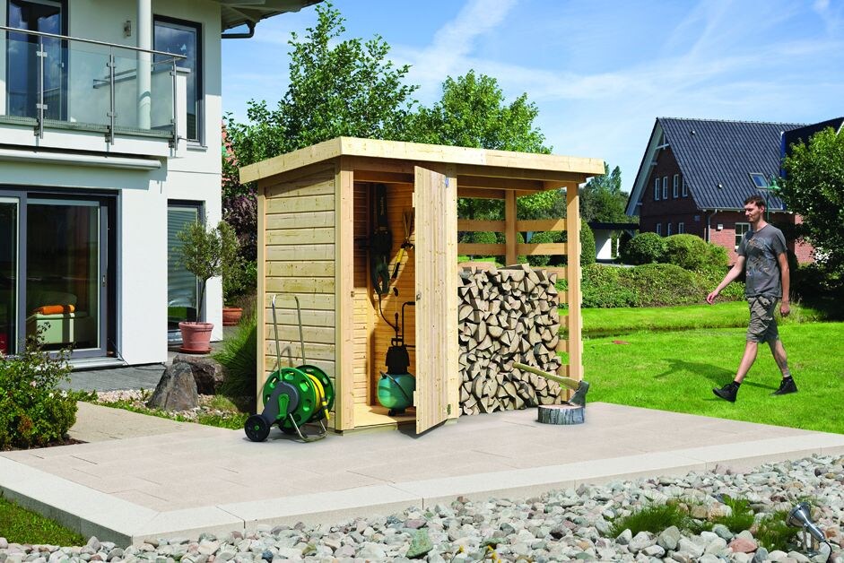 Karibu Ger&auml;teschrank mit Feuerholzunterstand inkl. selbst. Premium-Aluminiumfolie - Bild 1