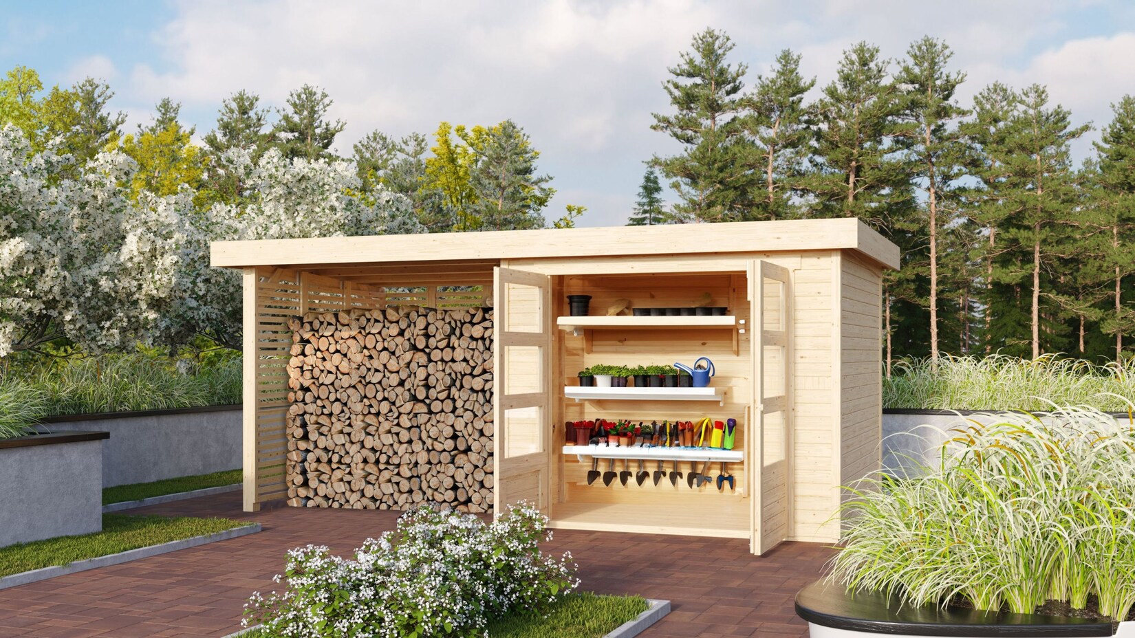 Karibu Gartenhaus mit Feuerholzunterstand inkl. selbst. Premium-Aluminiumfolie | 04010090938882