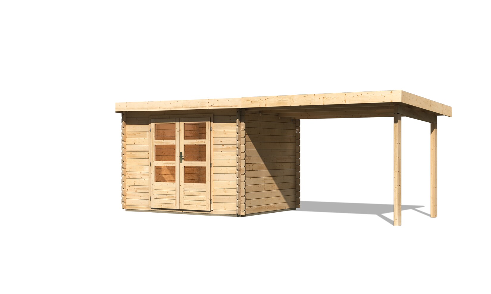 Karibu Gartenhaus San Antonio mit Anbaudach beidseitig anbringbar und Fußboden im Set naturbelassen | 04010090935089