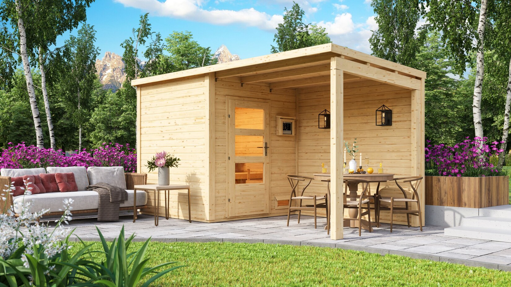 Karibu Außensauna Sofia mit Anbaudach und Rückwand ohne Ofen | 04010090935294