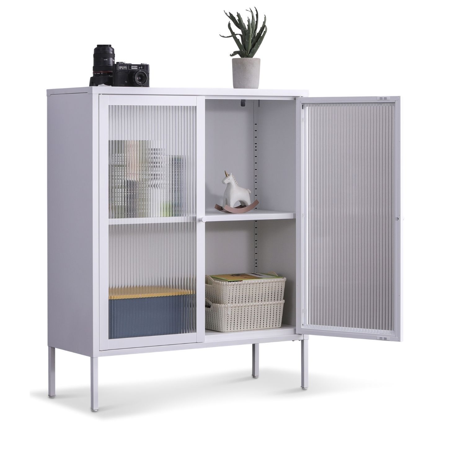 Coemo Highboard Tokio 90x35x110cm aus Metall mit Glast&uuml;ren wei&szlig; - Bild 1