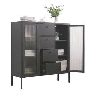 Mein-Regal Highboard Paris 105x35x110cm Metall 4 Schubladen Glastüren schwarz - Bild 1