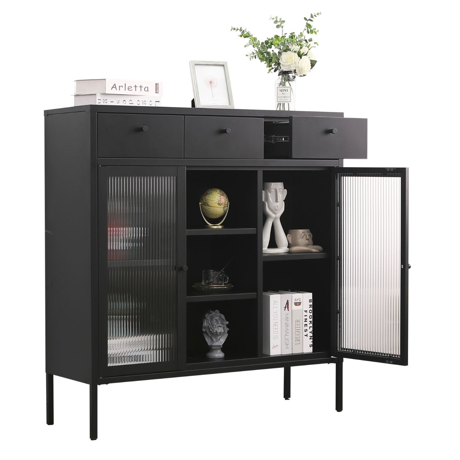 Mein-Regal Kommode Paris 105x35x110cm Metall 3 Schubladen 3 Fächer Glastüren schwarz