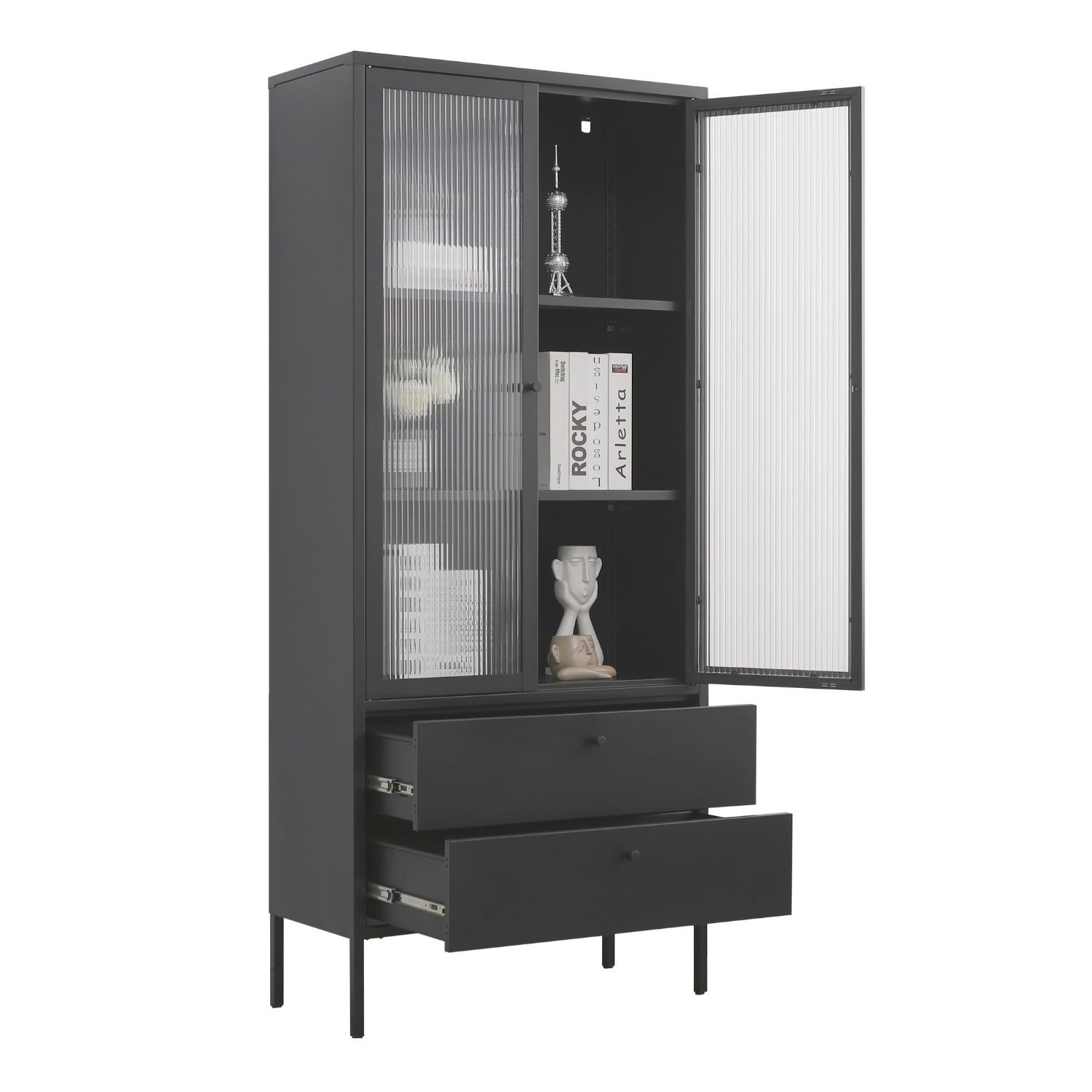 Mein-Regal Vitrine Paris 80x35x180cm Metall 2 Schubladen 2 Glast&uuml;ren schwarz - Bild 1