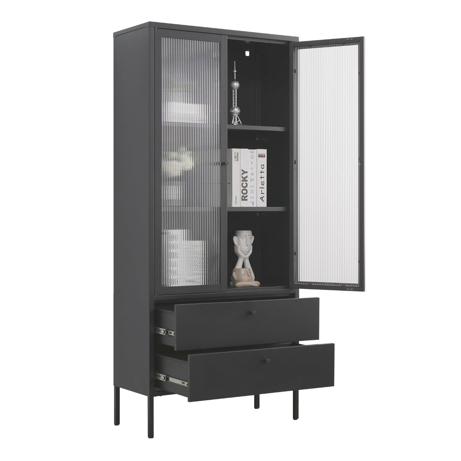 Mein-Regal Vitrine Paris 80x35x180cm Metall 2 Schubladen 2 Glastüren schwarz | 04260360016370