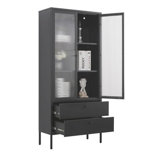 Mein-Regal Vitrine Paris 80x35x180cm Metall 2 Schubladen 2 Glastüren schwarz - Bild 1