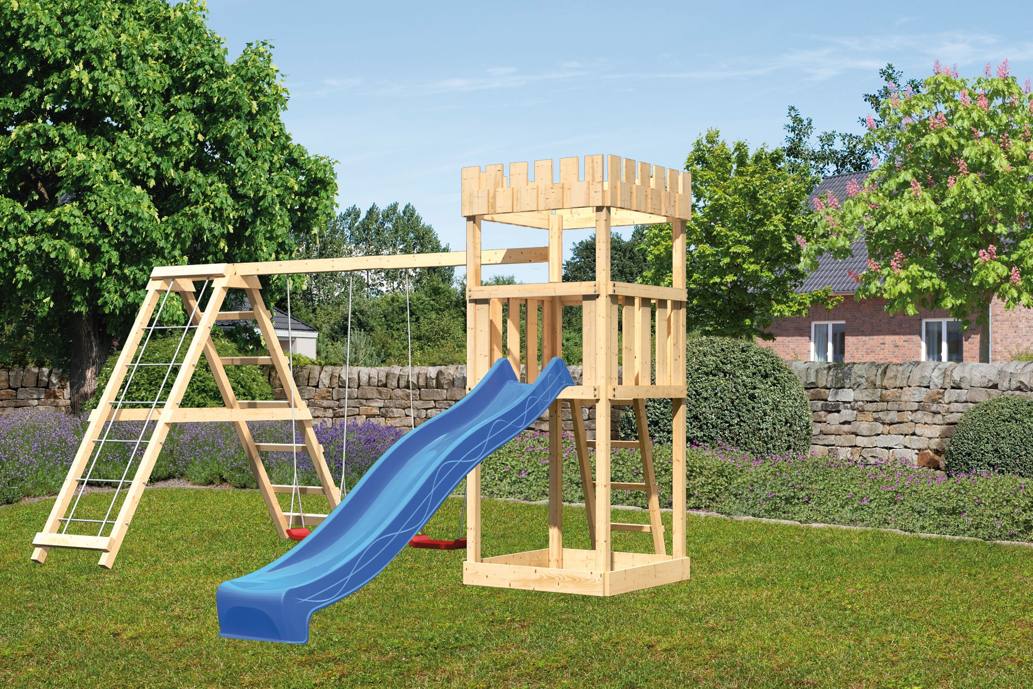 Karibu Ritterburg L&ouml;wenherz mit Rutsche blau und Doppelschaukel mit Kletterger&uuml;st - Bild 1
