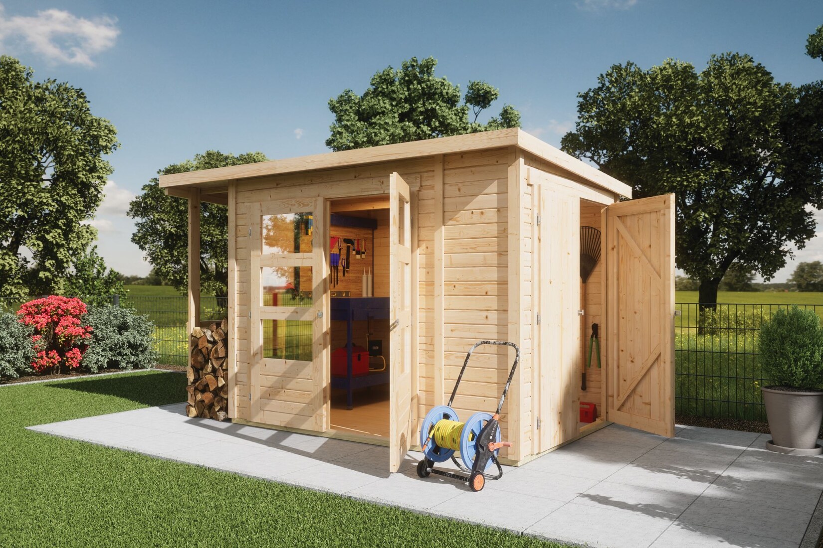 Karibu Gartenhaus 19 mm Multi Pultdach mit Schrank und Anbaudach naturbelassen inkl. Fußboden & Dacheindeckung