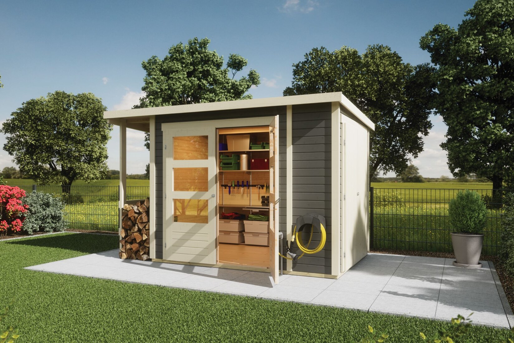 Karibu Gartenhaus 19 mm Multi Pultdach mit Schrank und Anbaudach terragrau inkl. Fußboden & Dacheindeckung | 04010090993607