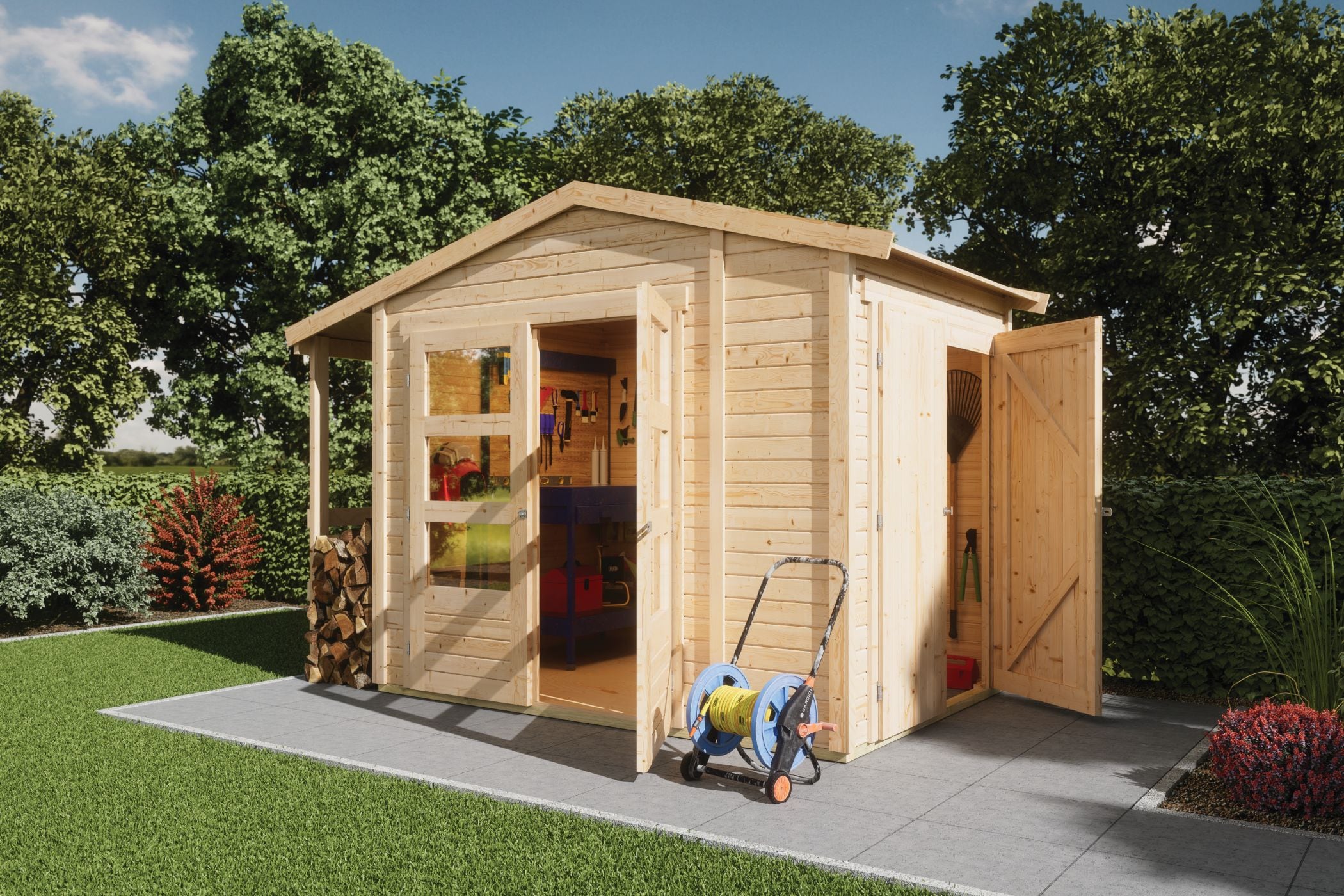 Karibu Gartenhaus 19mm Multi Satteldach mit Schrank und Anbaudach naturbelassen inkl. Fu&szlig;boden & Dacheindeckung  en - Bild 1