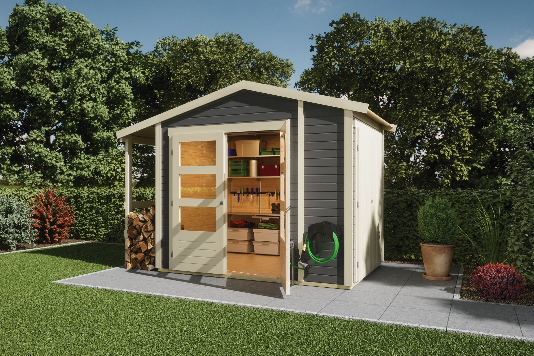 Karibu Gartenhaus 19mm Multi Satteldach mit Schrank und Anbaudach terragrau inkl. Fu&szlig;boden & Dacheindeckung - Bild 1