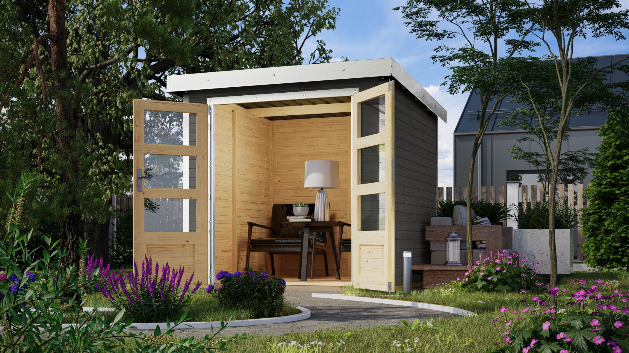 Karibu Hybrid Gartenhaus Hollywood terragrau inkl. Fu&szlig;boden Gartenlaube Ger&auml;teschuppen Gartenh&uuml;tte - Bild 1