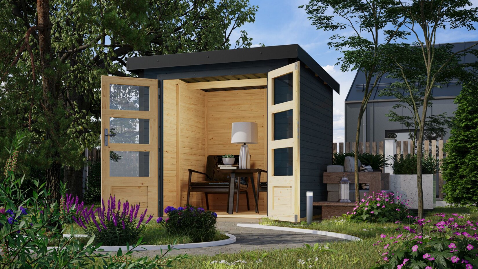 Karibu Hybrid Gartenhaus Hollywood anthrazit inkl. Fußboden Gartenlaube Geräteschuppen Gartenhütte | 04010090993669