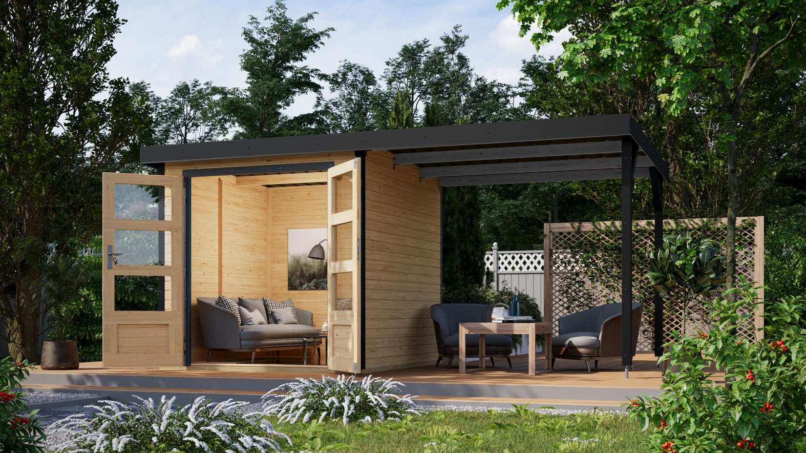 Karibu Hybrid Gartenhaus Hollywood im Set mit Anbaudach ca. 2,40 m breit naturbelassen inkl. Fußboden Gartenlaube Geräteschuppen Gartenhütte