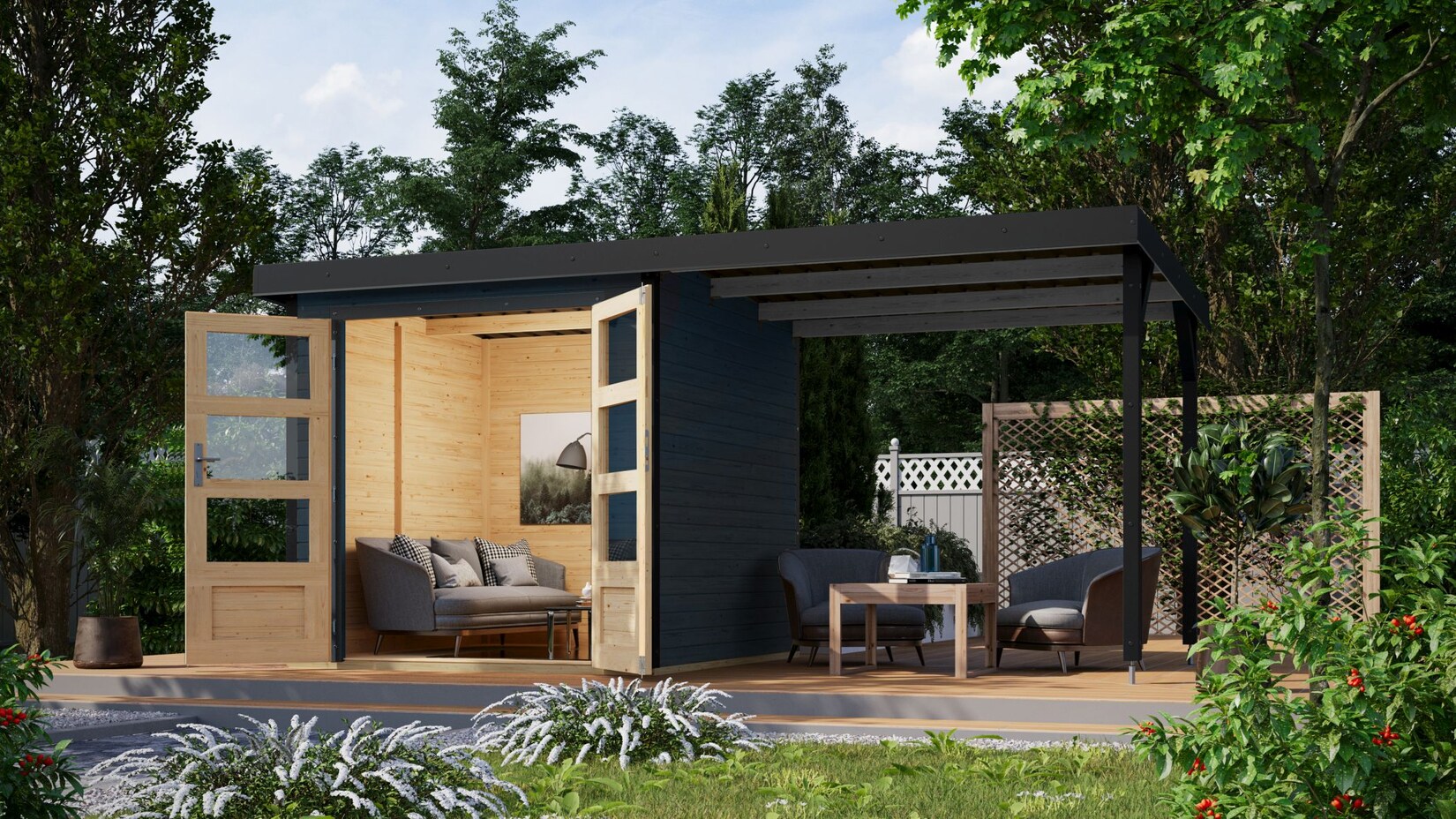 Karibu Hybrid Gartenhaus Hollywood im Set mit Anbaudach ca. 2,40 m  breit anthrazit inkl. Fußboden Gartenlaube Geräteschuppen Gartenhütte | 04010090993690