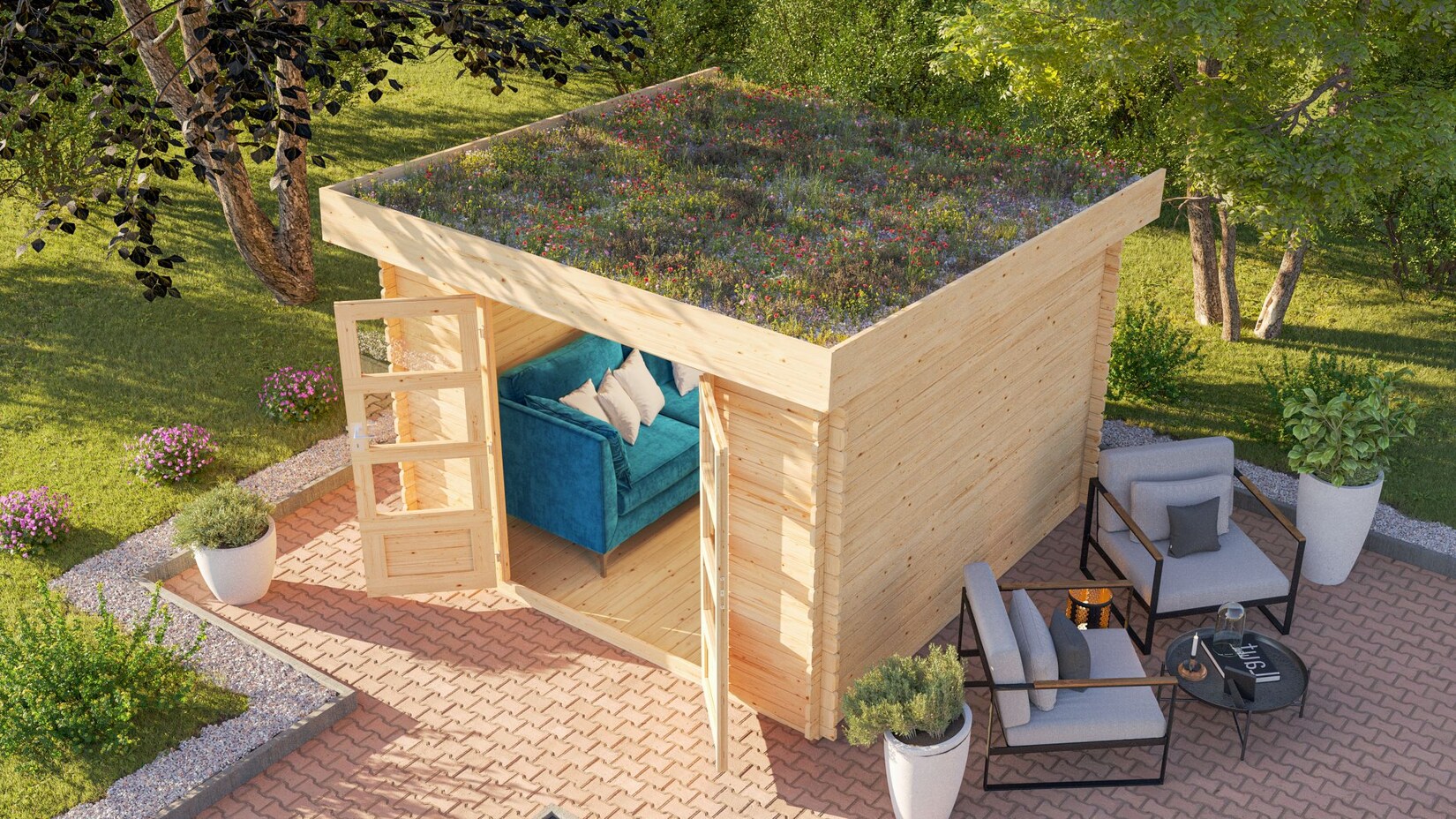 Karibu Blockbohlen Gartenhaus Rosé 5 naturbelassen Dachbegrünung Geräteschuppen Holzhaus | 04010090993720