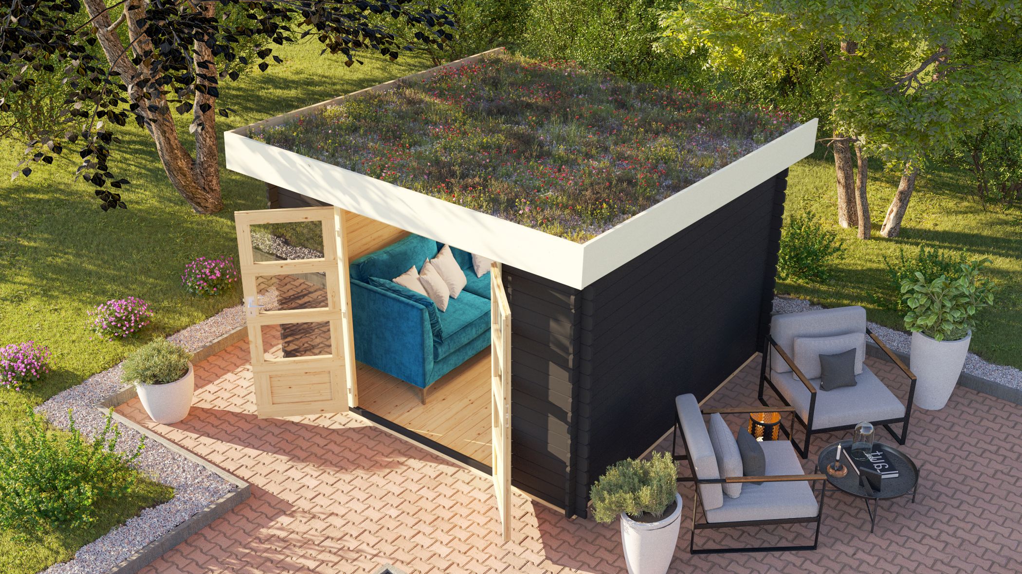 Karibu Blockbohlen Gartenhaus Ros&eacute; 5 anthrazit Dachbegr&uuml;nung Ger&auml;teschuppen Holzhaus - Bild 1