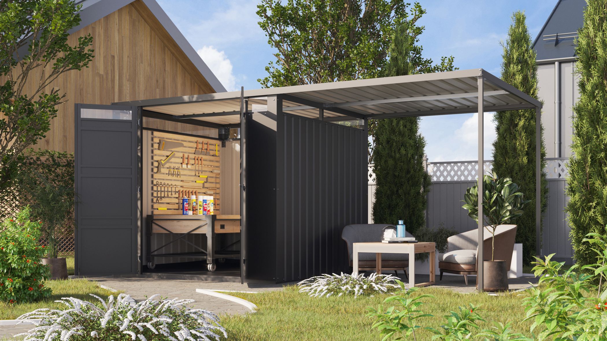 Karibu Metall Gartenhaus Superline 2 im Set mit Anbaudach 2,25 m anthrazit inkl. Fu&szlig;boden Gartenlaube Ger&auml;teschuppen - Bild 1