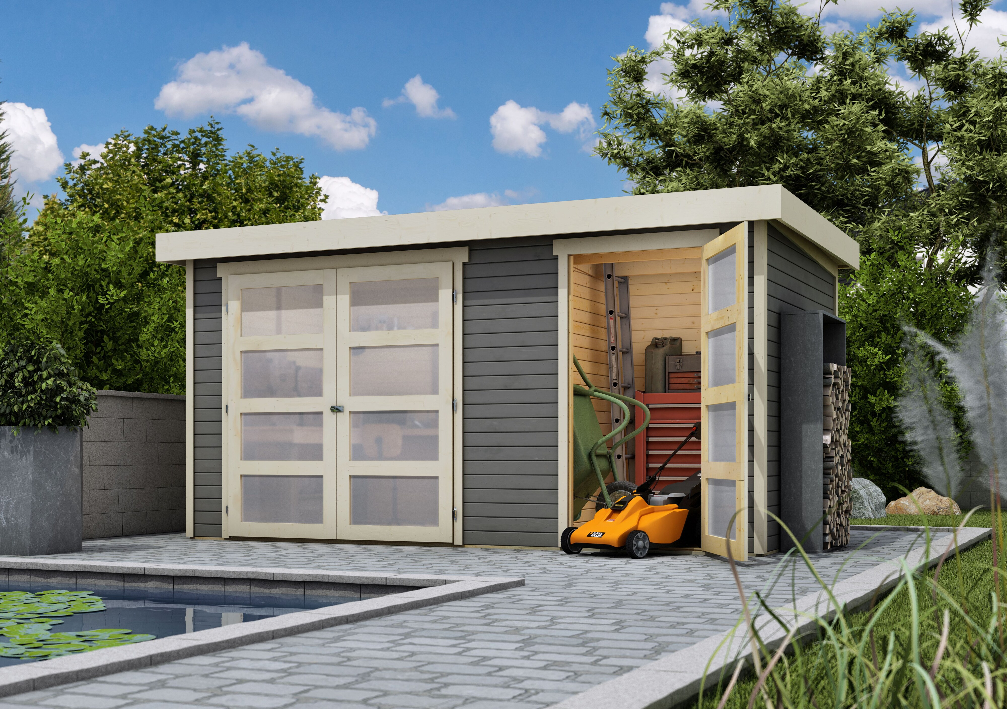 Karibu Gartenhaus Maluna 1 terragrau inkl. Fußboden & Dacheindeckung