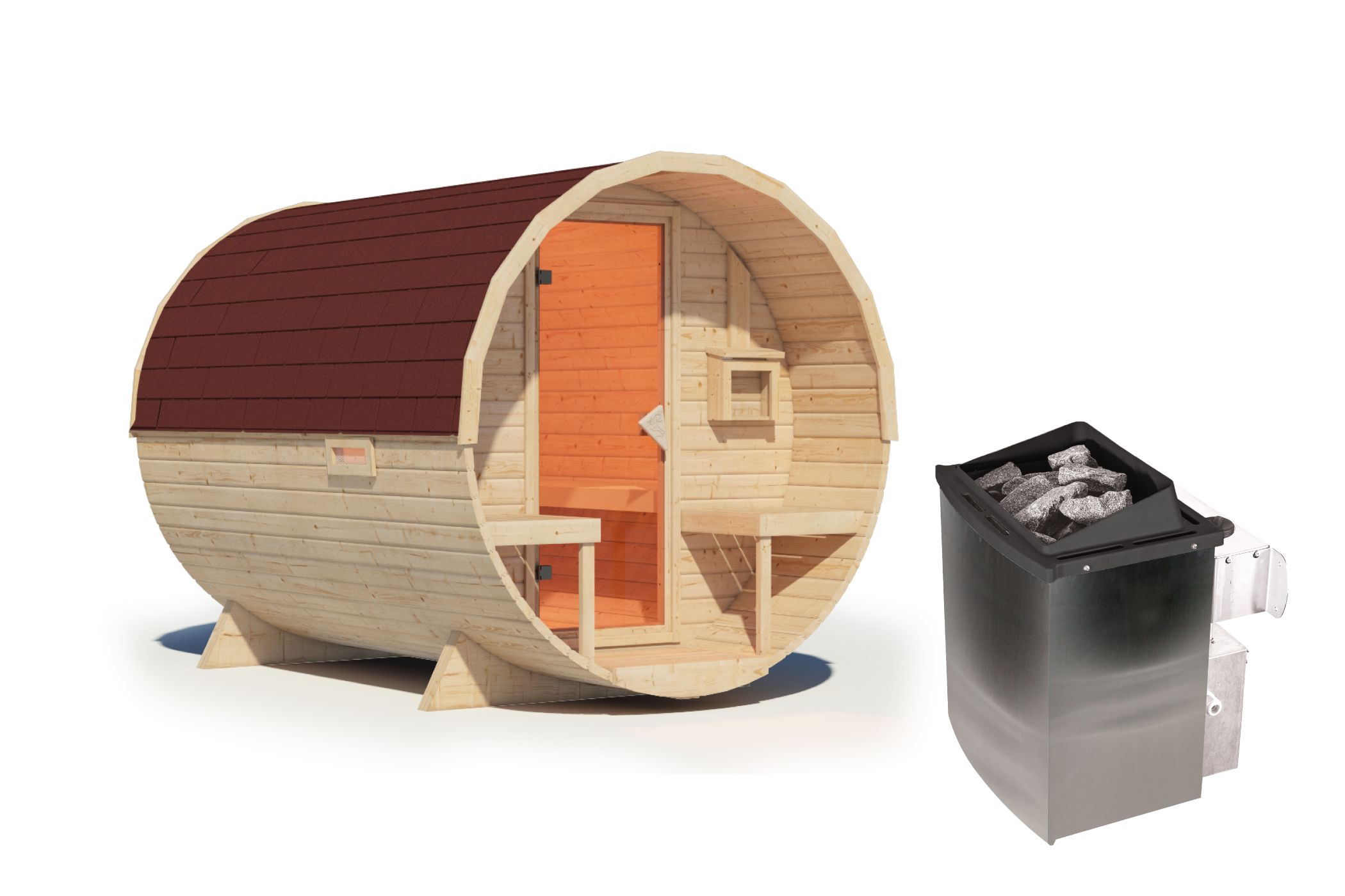 Karibu Fasssauna 2 - 38 mm Saunaofen eingebaute Steuerung 9 kW inkl. Dachschindeln - Bild 1
