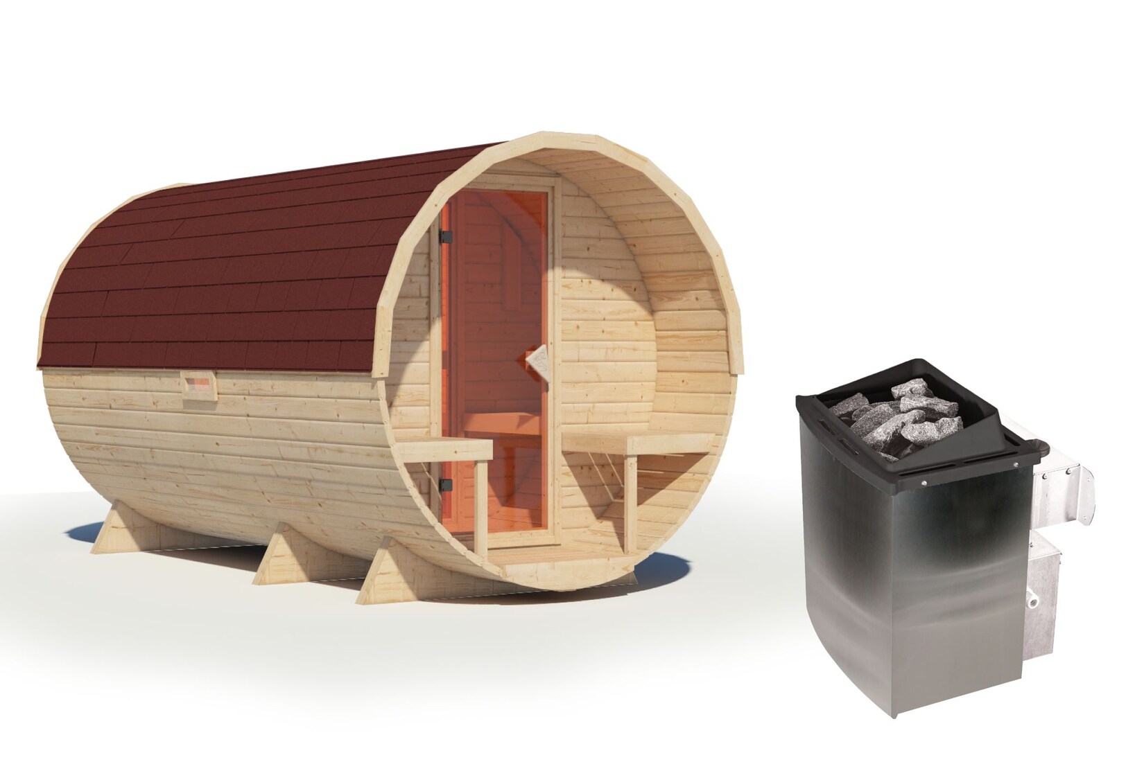 Karibu Fasssauna 3 – 38 mm Saunaofen eingebaute Steuerung 9 kW inkl. Dachschindeln | 04010090998107