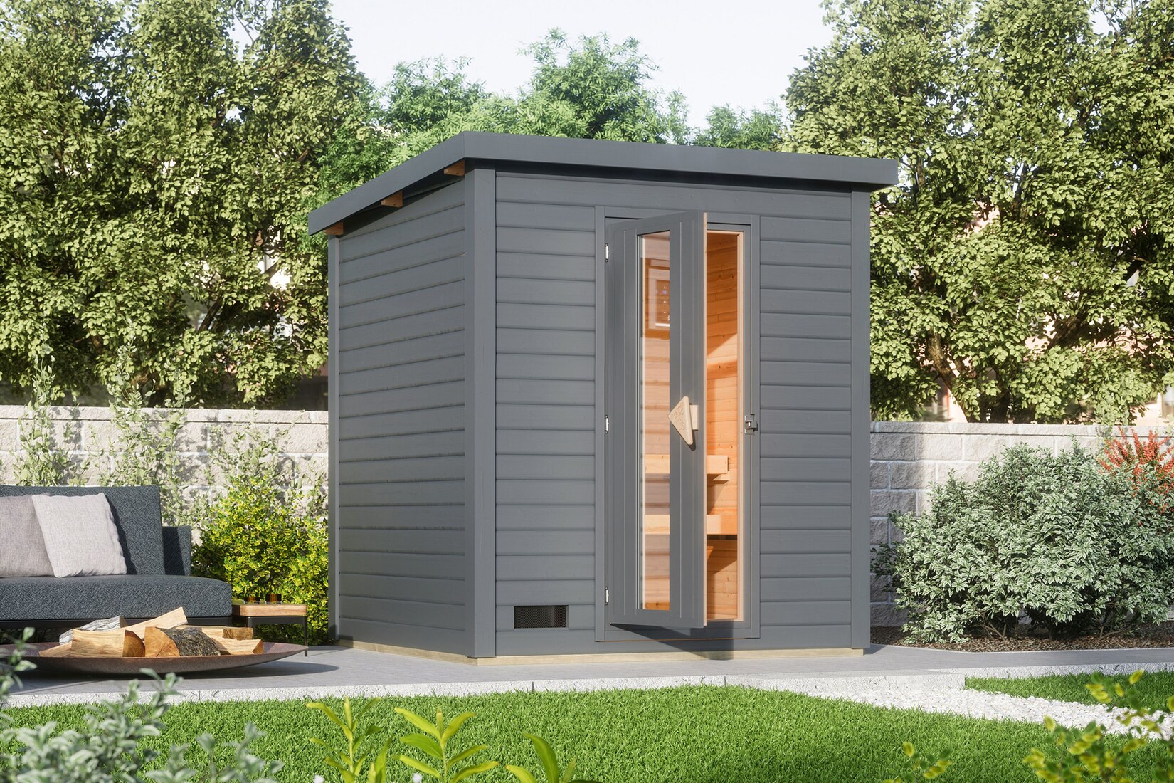 Karibu Saunahaus 38mm Melo 2 Ofen 9 kW integr. Strg terragrau