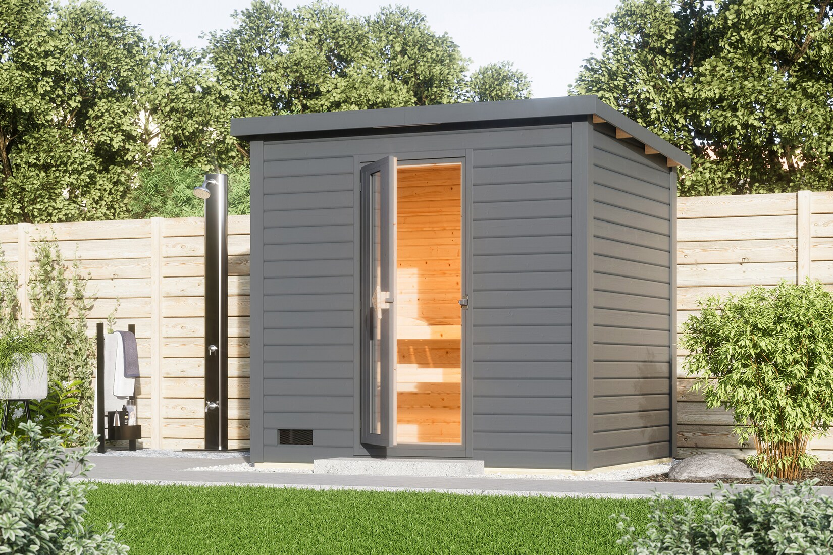 Karibu Saunahaus 38mm Melo 3 Ofen 9 kW integr. Strg terragrau | 04010090998145