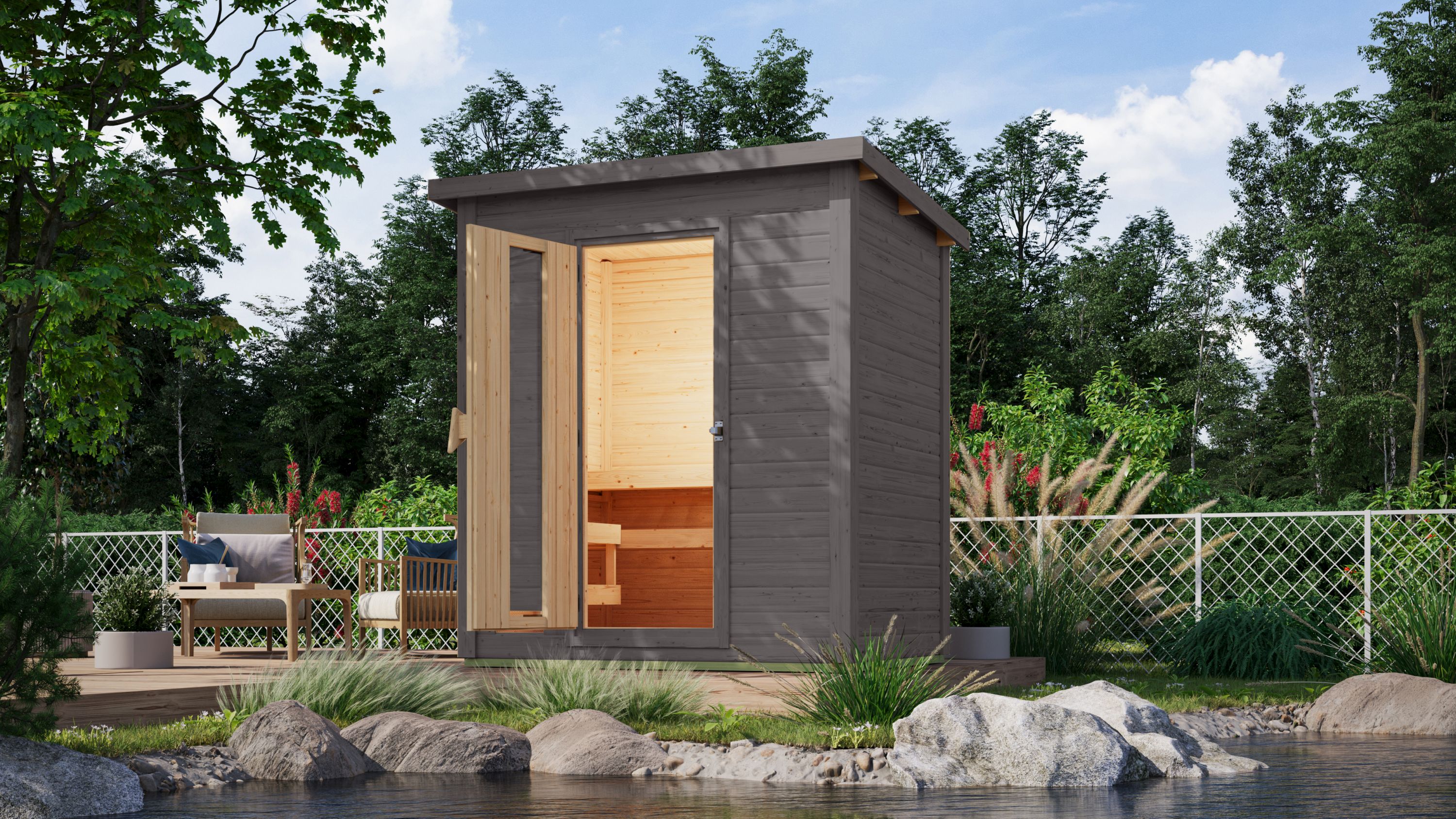 Karibu Saunahaus 38mm Melo 1 Ofen 9 kW integr. Strg terragrau - Bild 1