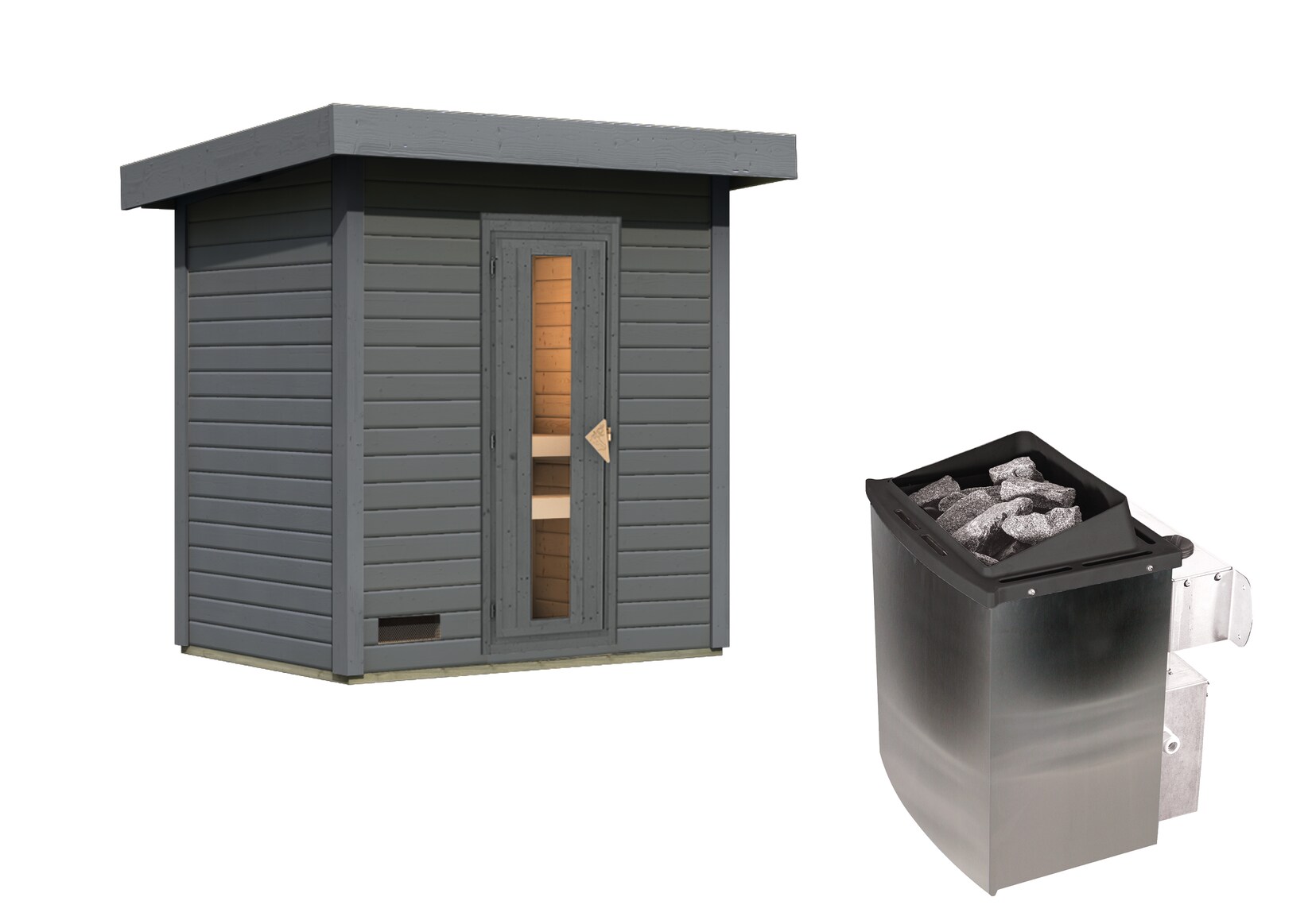 Karibu Saunahaus 38mm Melo 1 Ofen 9 kW integr. Strg terragrau