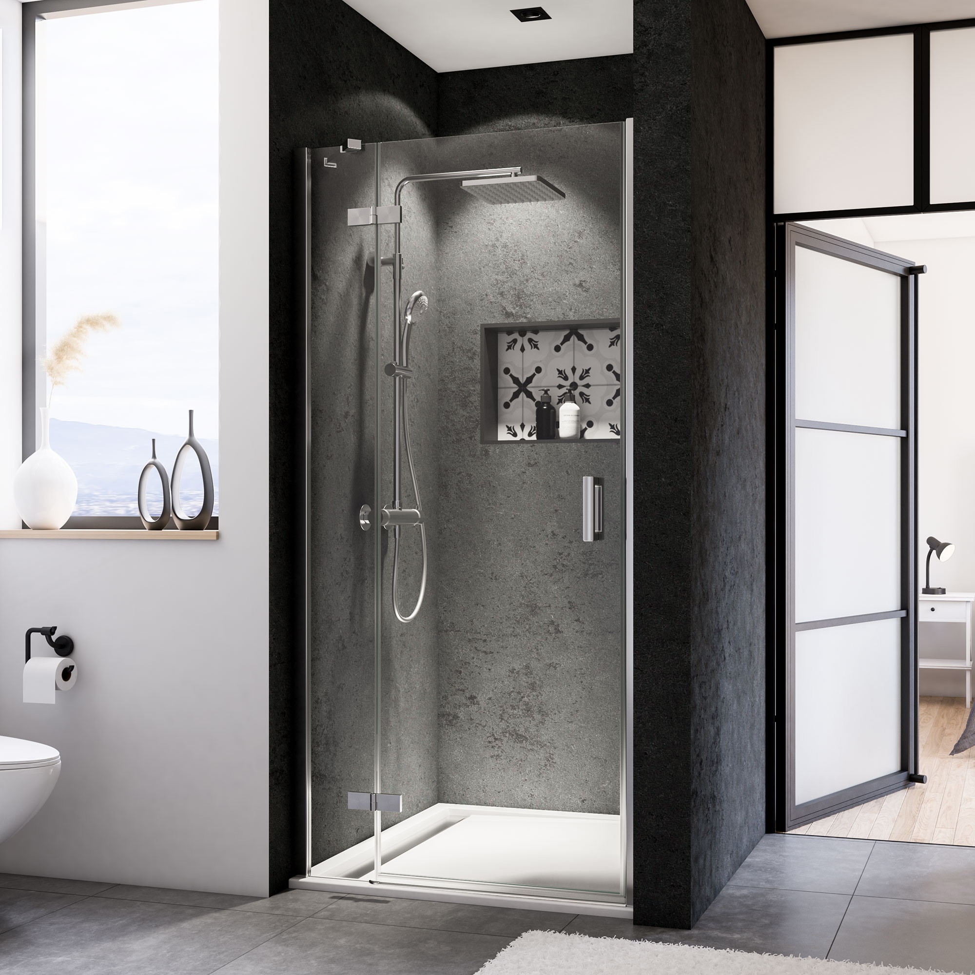 Breuer Panorama Dreht&uuml;r + Festteil (Anschlag links) f&uuml;r Nische alu chromeffekt Klarglas 900 mm - Bild 1