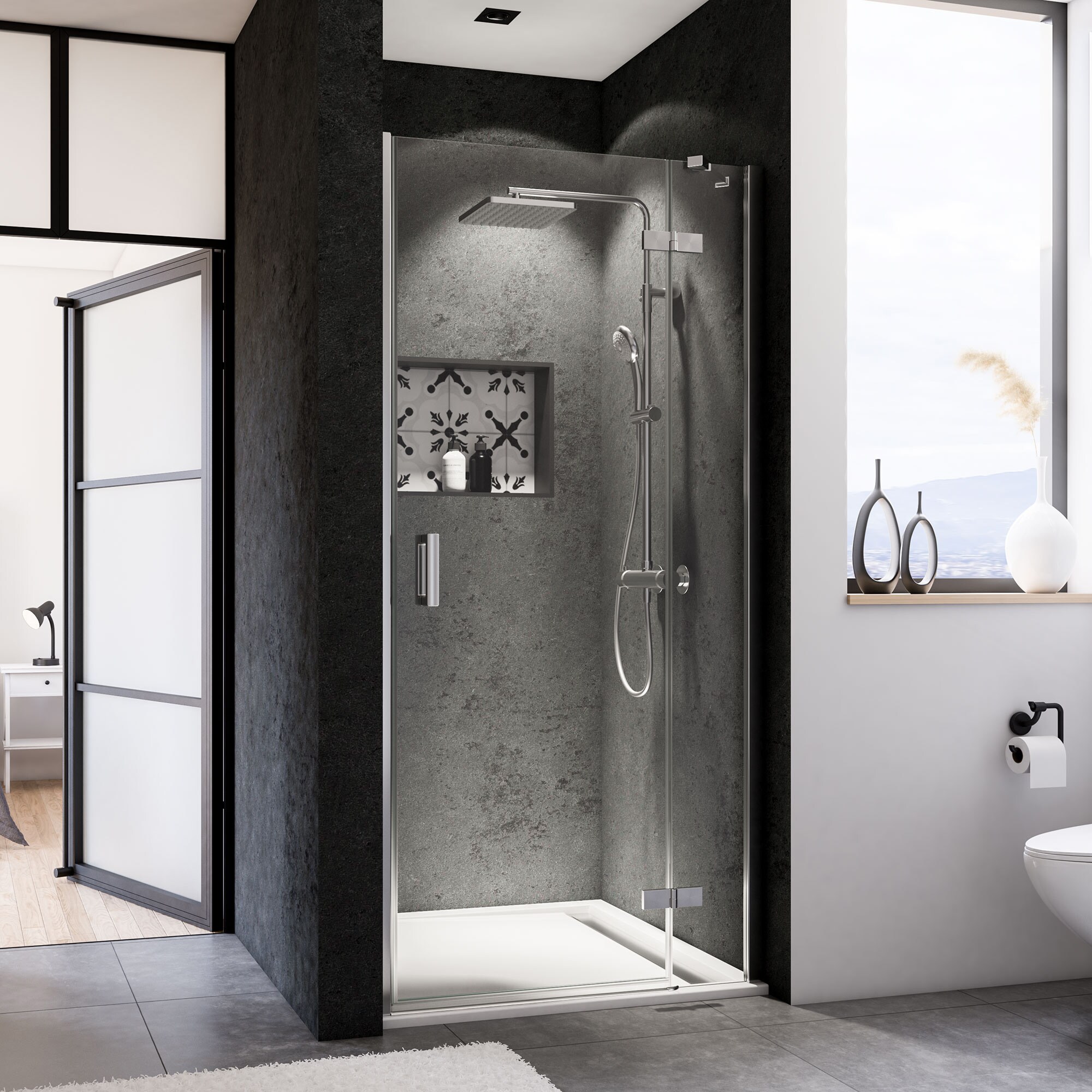 Breuer Panorama Dreht&uuml;r + Festteil (Anschlag rechts) f&uuml;r Nische alu chromeffekt Klarglas 900 mm - Bild 1